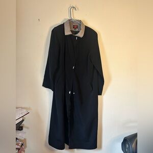 Vintage 1980s Trench Black Long Trench Coat with Contrast Collar